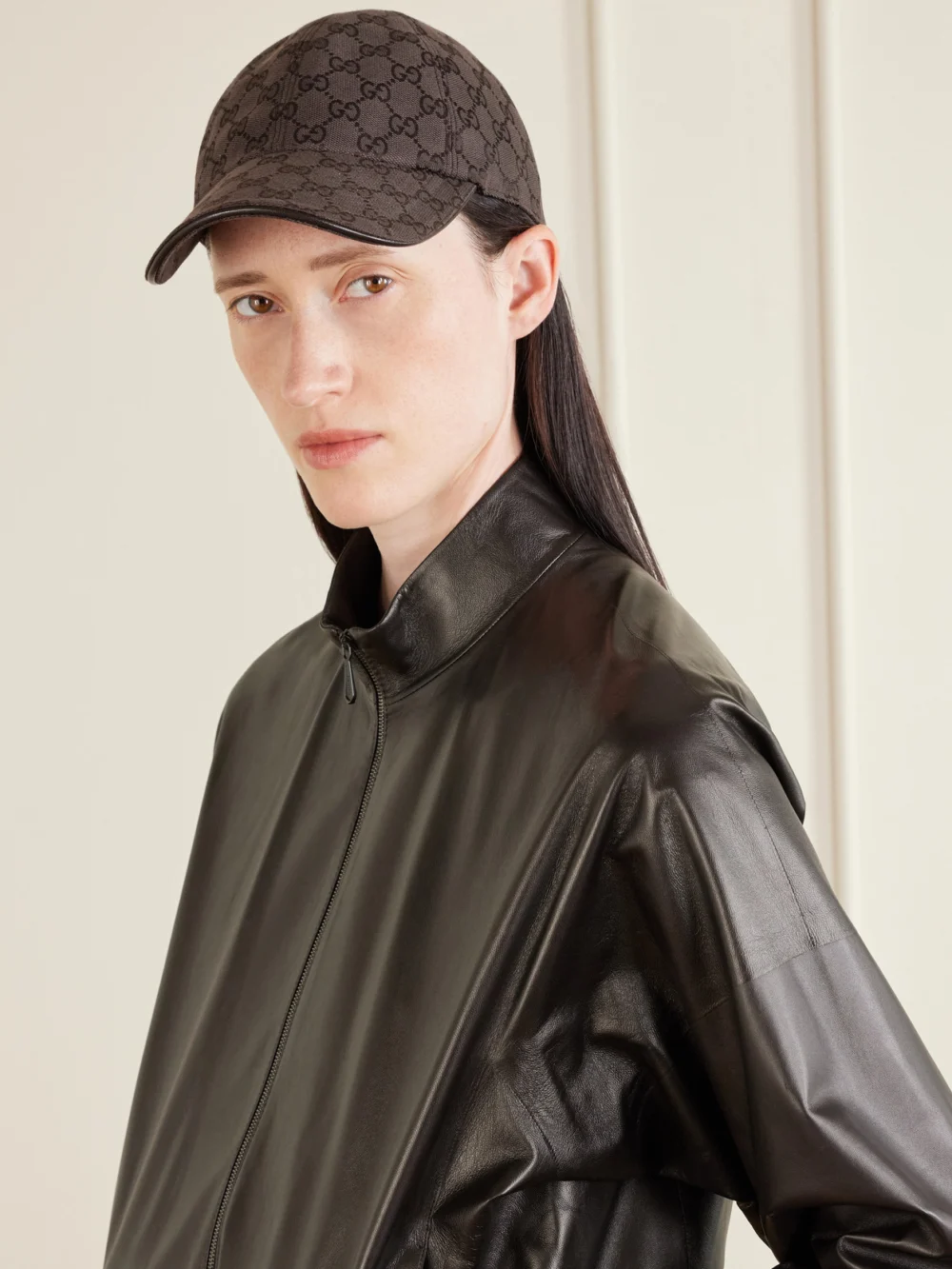 Gucci Gg Supreme Leather-trimmed Canvas-jacquard Baseball Cap, styled view