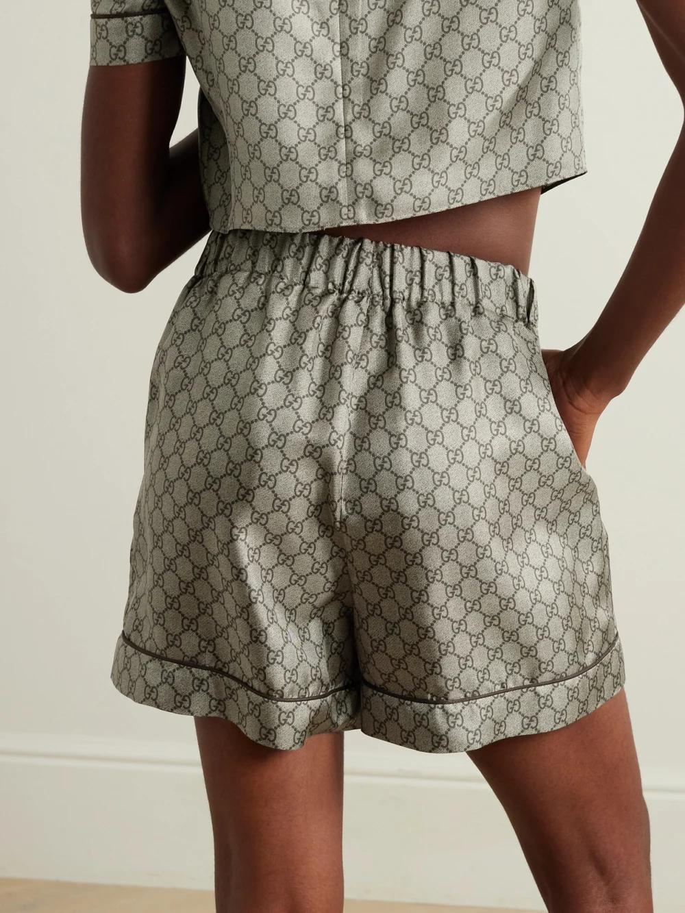 Back view of the Gucci Gg Supreme Printed Silk-twill Shorts