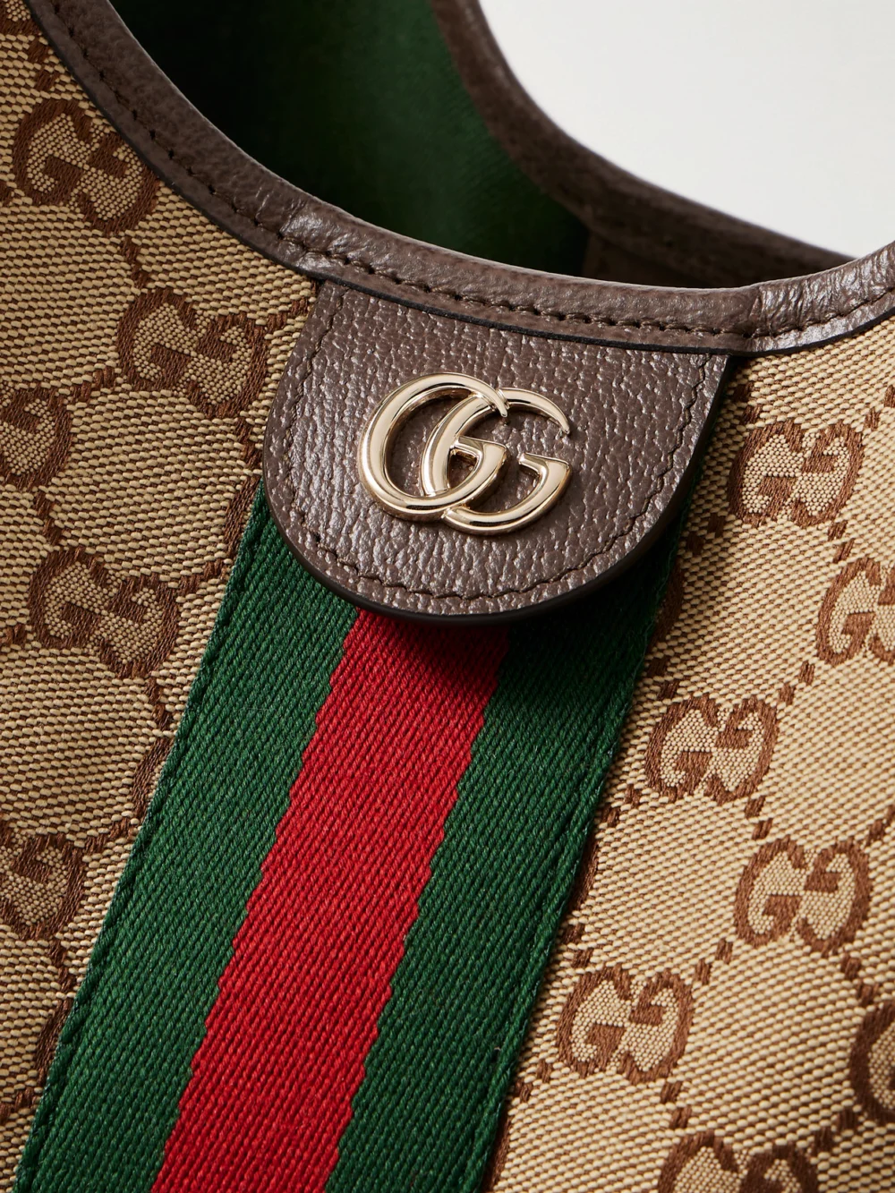 Close-up detail of the Gucci Giglio Large Leather-trimmed Canvas-jacquard Tote