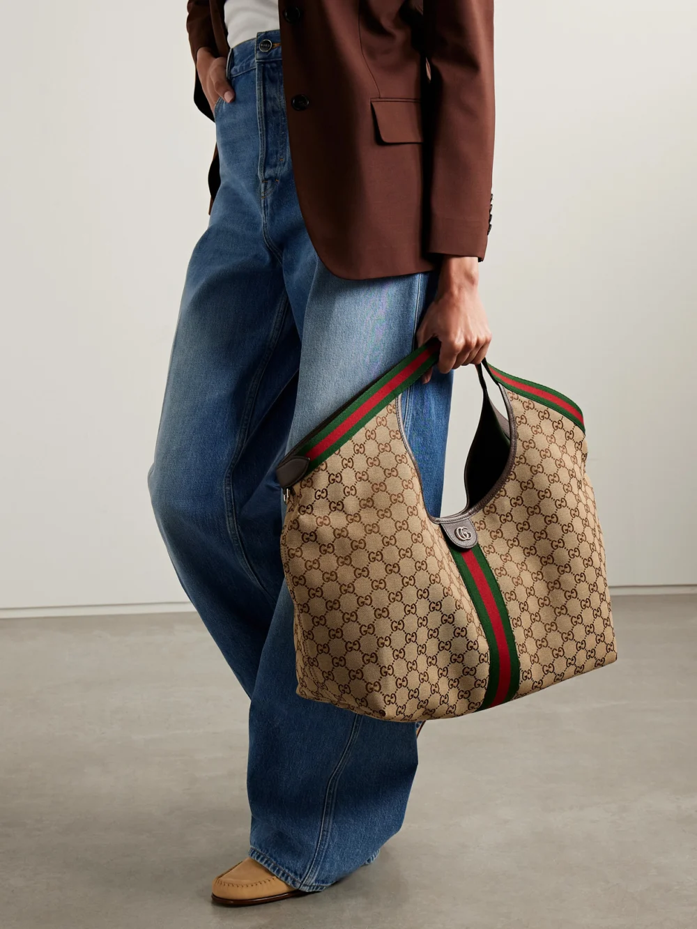 Gucci Giglio Large Leather-trimmed Canvas-jacquard Tote, styled view