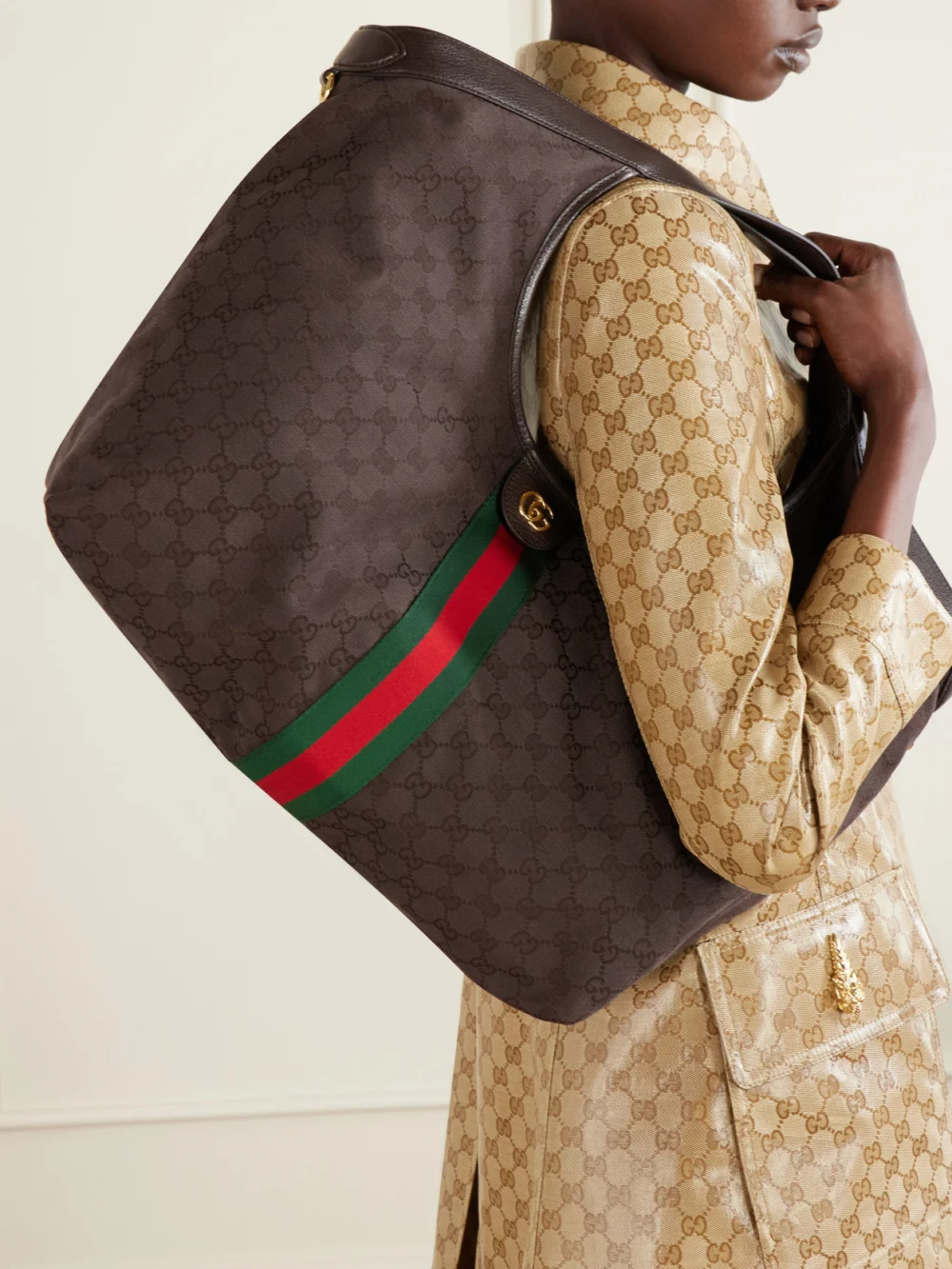 Gucci Giglio Leather-trimmed Canvas-jacquard Tote, styled view