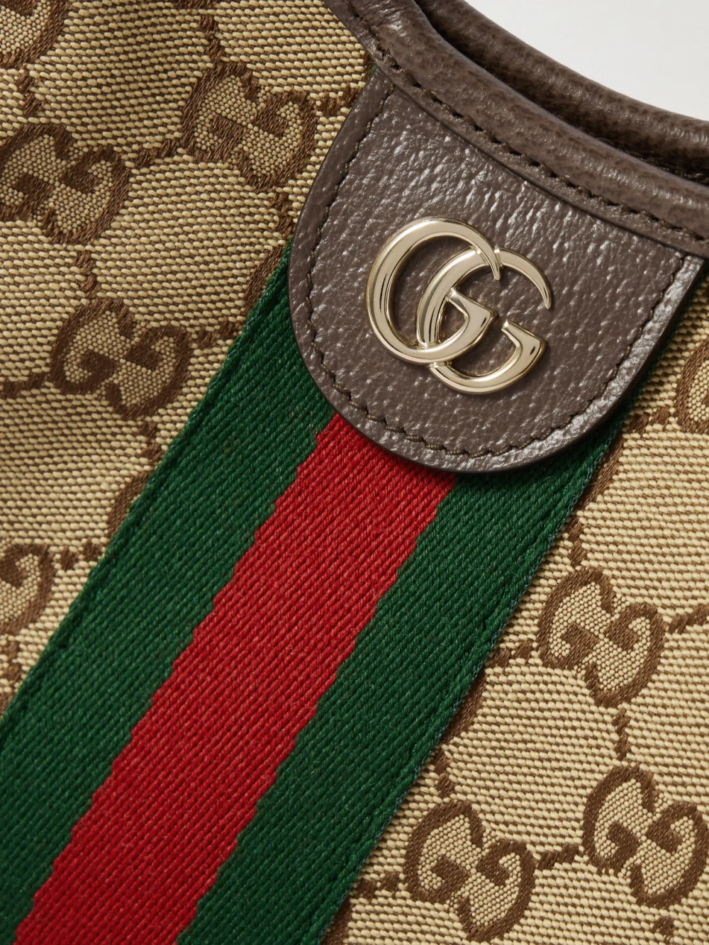 Close-up detail of the Gucci Giglio Small Leather-trimmed Canvas-jacquard Tote