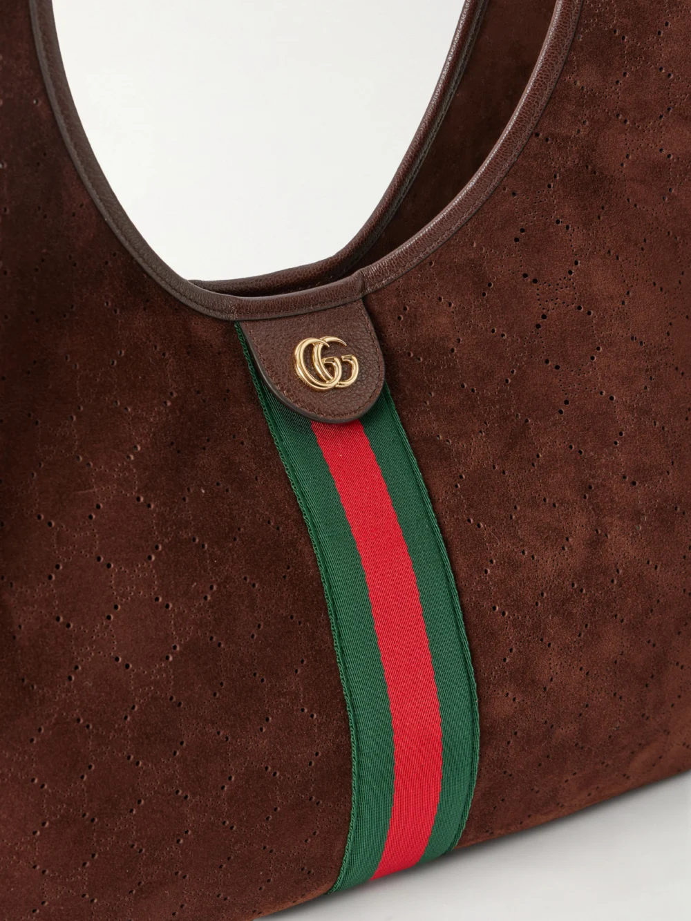 Close-up detail of the Gucci Giglio Web-trimmed Suede Tote