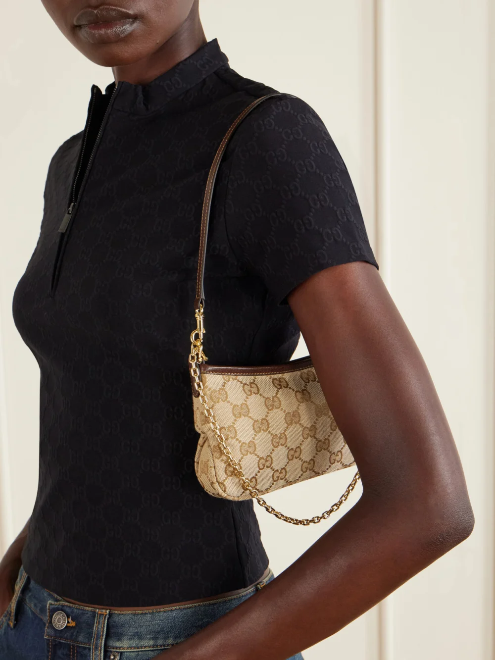Gucci Gossip Mini Leather-trimmed Coated Canvas-jacquard Shoulder Bag, styled view