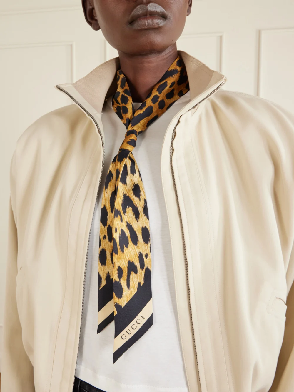 Gucci Heritage Animal-print Silk Twill Scarf, styled view