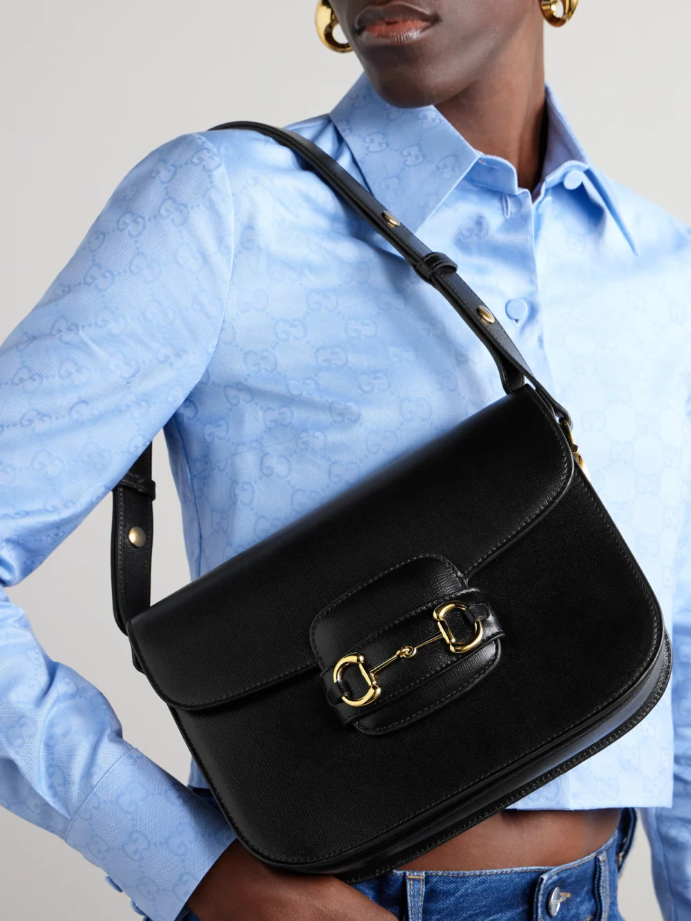 Gucci Horsebit 1955 Medium Textured-leather Shoulder Bag, styled view