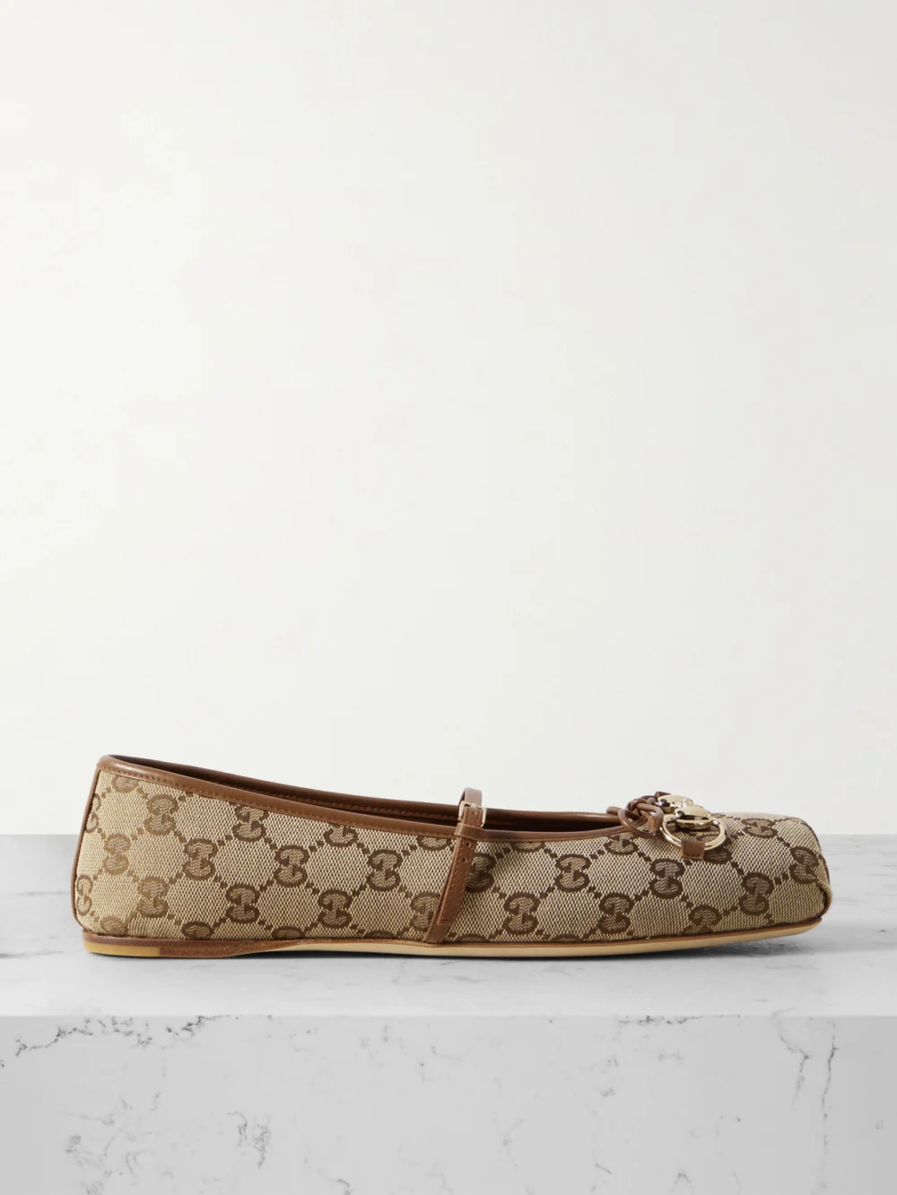 Gucci Horsebit-detailed Leather-trimmed Canvas-jacquard Ballet Flat in beige