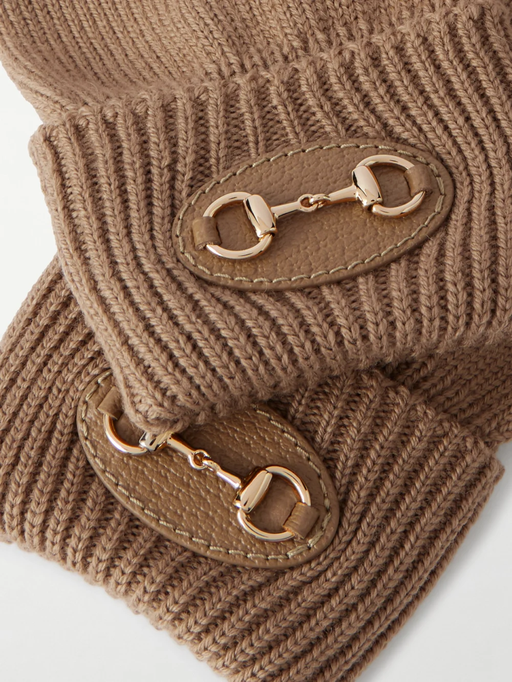Close-up detail of the Gucci Horsebit-detailed Leather-trimmed Wool Gloves