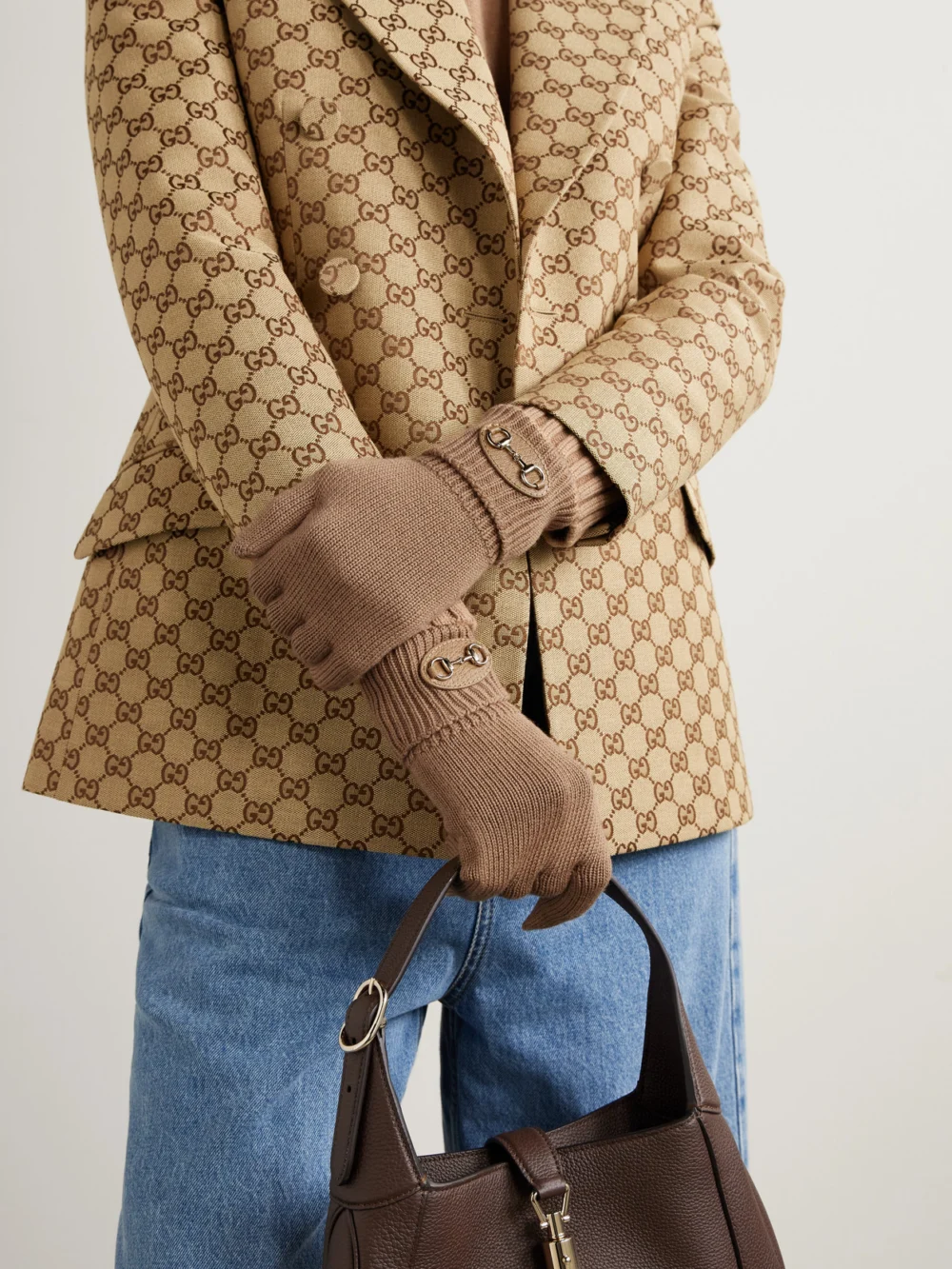Gucci Horsebit-detailed Leather-trimmed Wool Gloves, styled view