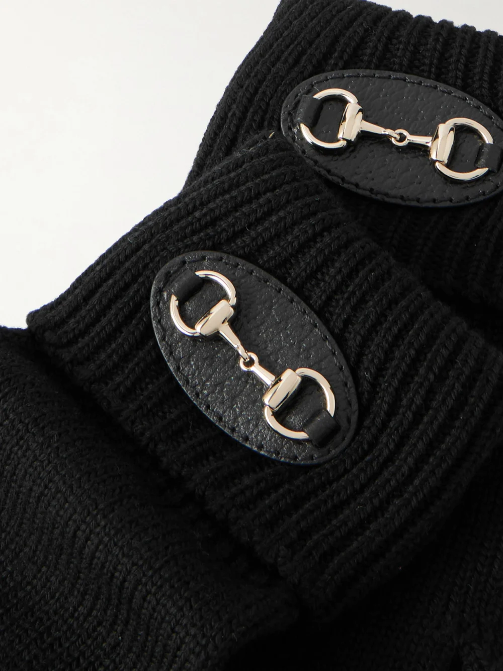 Close-up detail of the Gucci Horsebit-detailed Leather-trimmed Wool Gloves