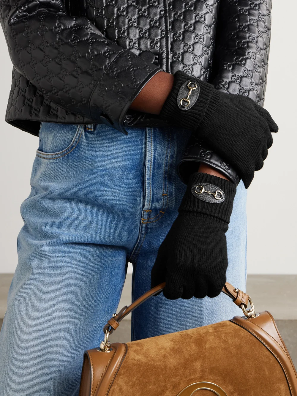Gucci Horsebit-detailed Leather-trimmed Wool Gloves, styled view