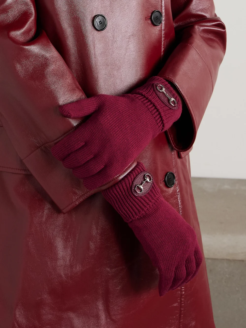 Gucci Horsebit-detailed Leather-trimmed Wool Gloves, styled view
