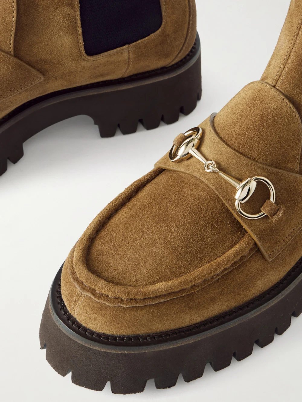 Close-up detail of the Gucci Horsebit-detailed Suede Chelsea Boots