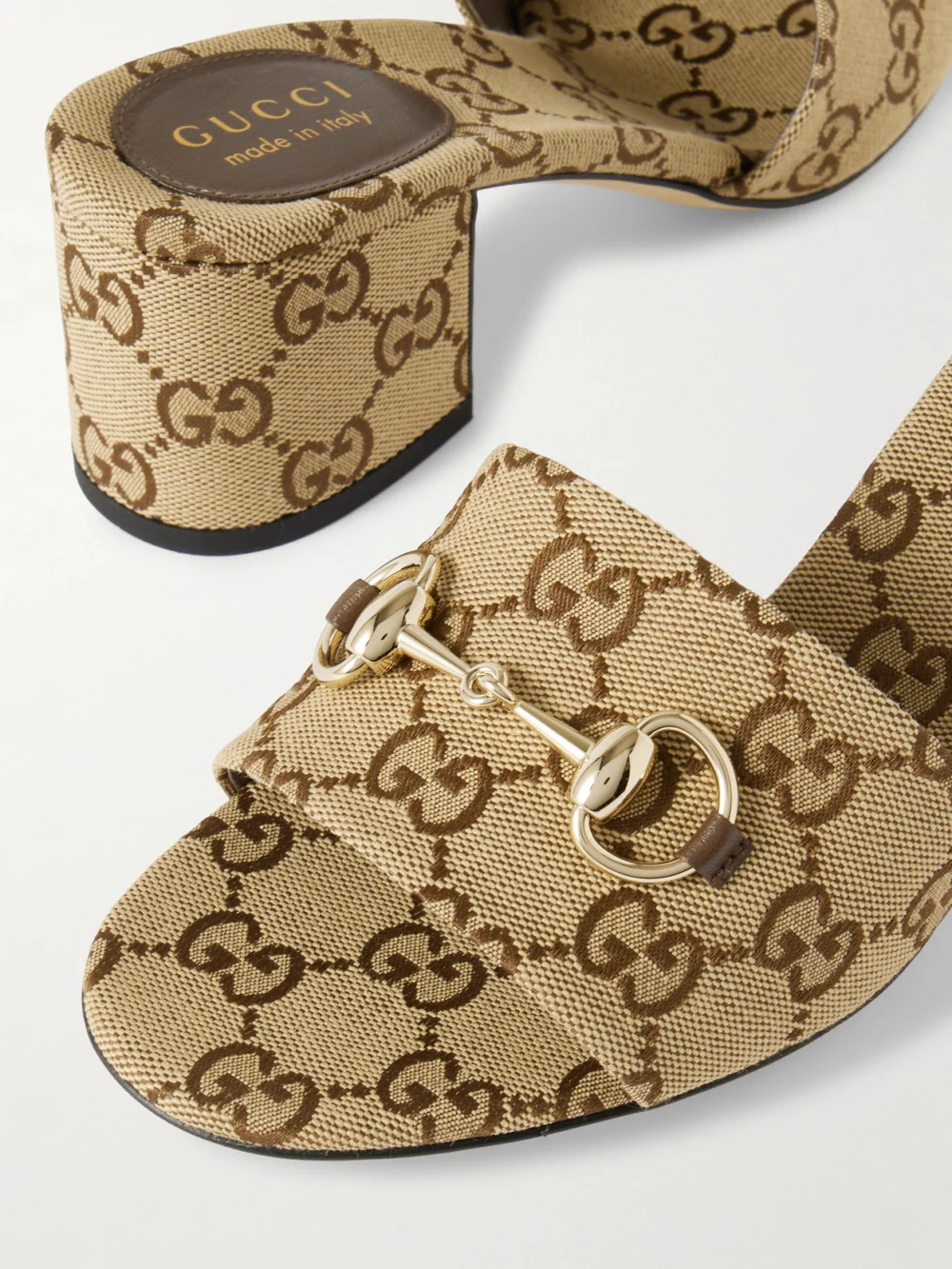 Close-up detail of the Gucci Horsebit-embellished Canvas-jacquard Mules