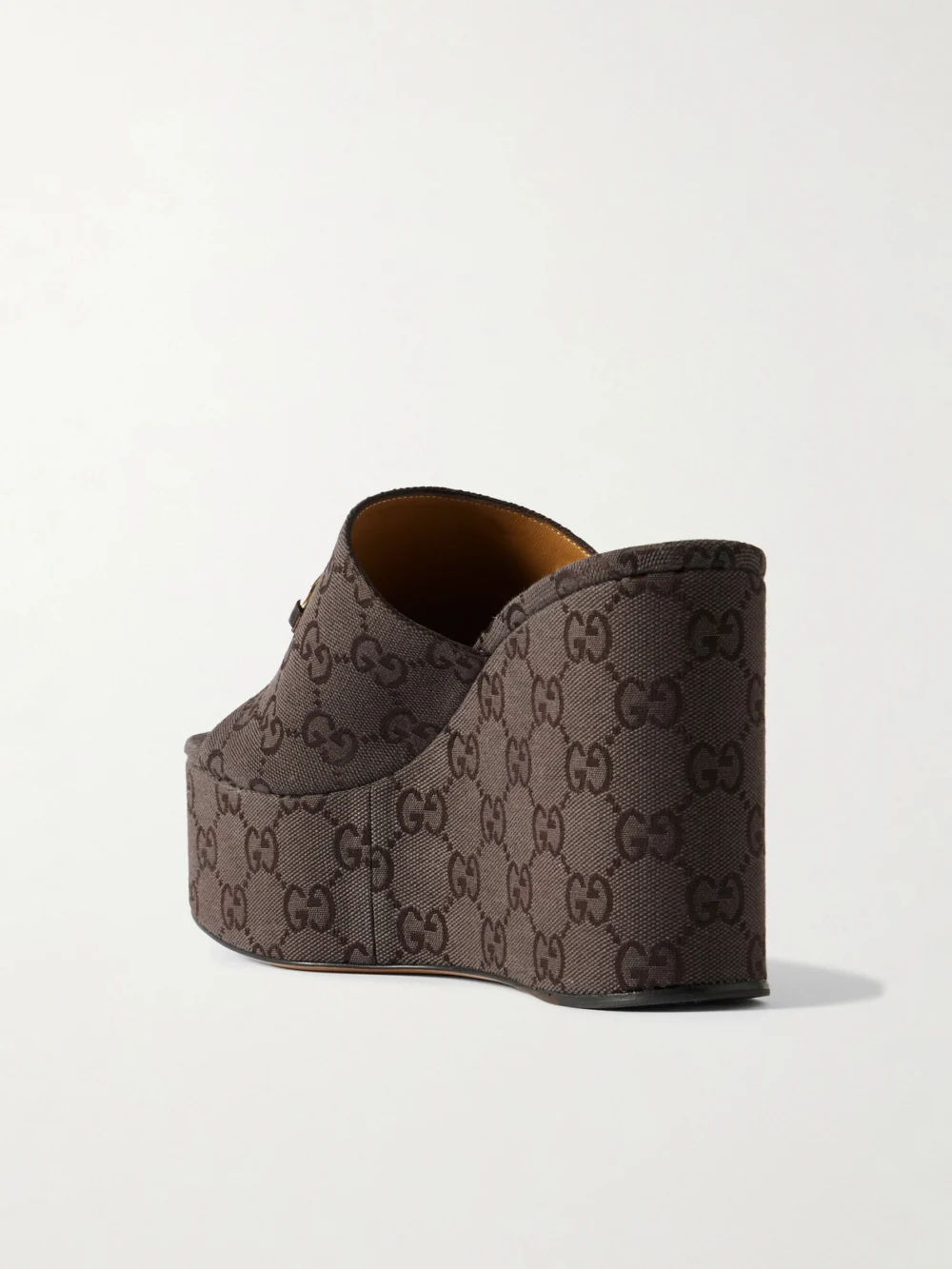 Back view of the Gucci Horsebit-embellished Canvas-jacquard Platform Mules