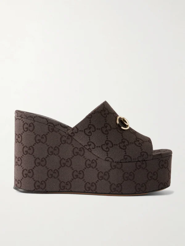 Gucci Horsebit-embellished Canvas-jacquard Platform Mules
