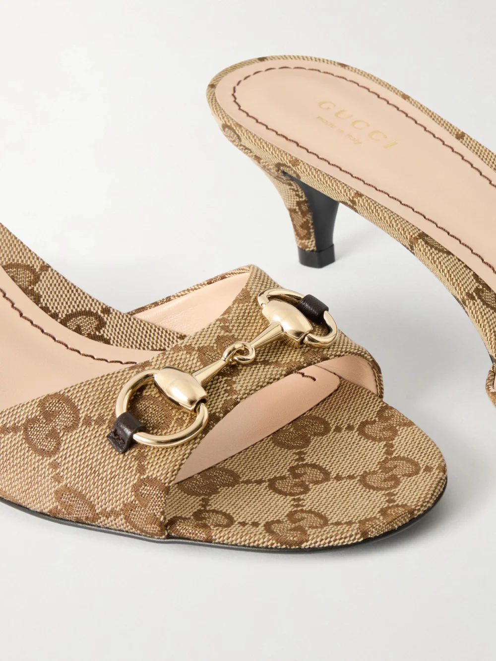 Close-up detail of the Gucci Horsebit-embellished Canvas-jacquard Sandals