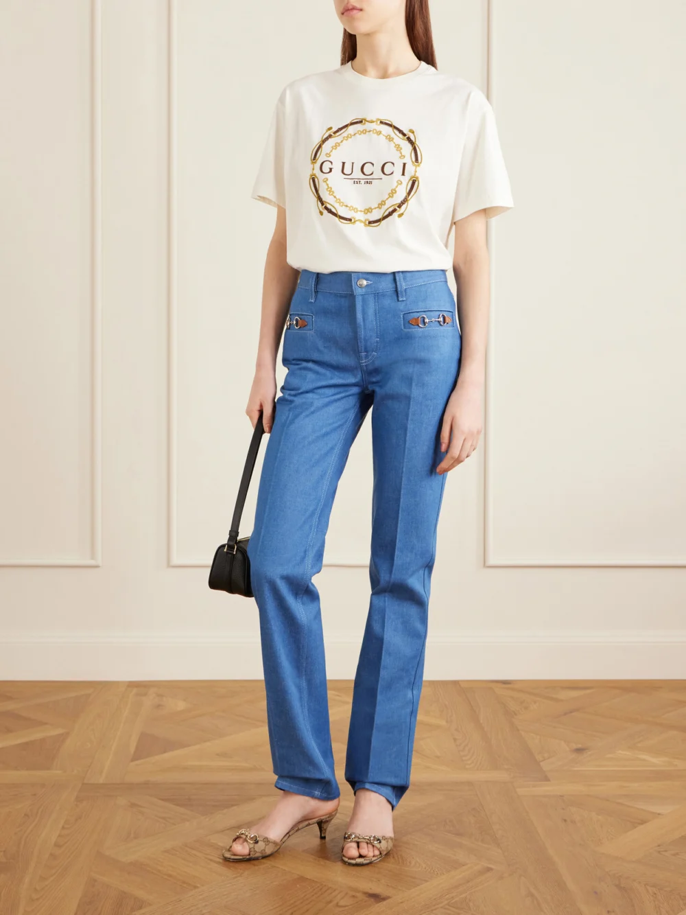 Gucci Horsebit-embellished Canvas-jacquard Sandals, styled view