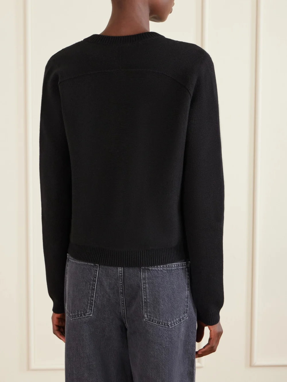 Back view of the Gucci Horsebit-embellished Leather-trimmed Wool and Cashmere-blend Cardigan