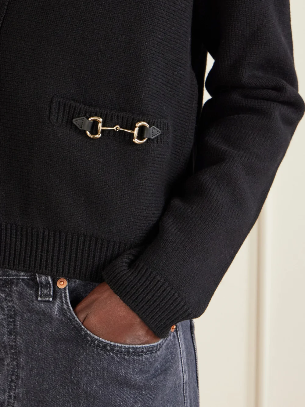 Close-up detail of the Gucci Horsebit-embellished Leather-trimmed Wool and Cashmere-blend Cardigan