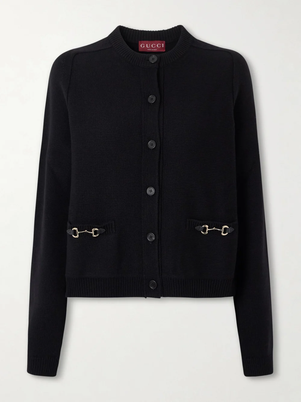 Gucci Horsebit-embellished Leather-trimmed Wool and Cashmere-blend Cardigan in black