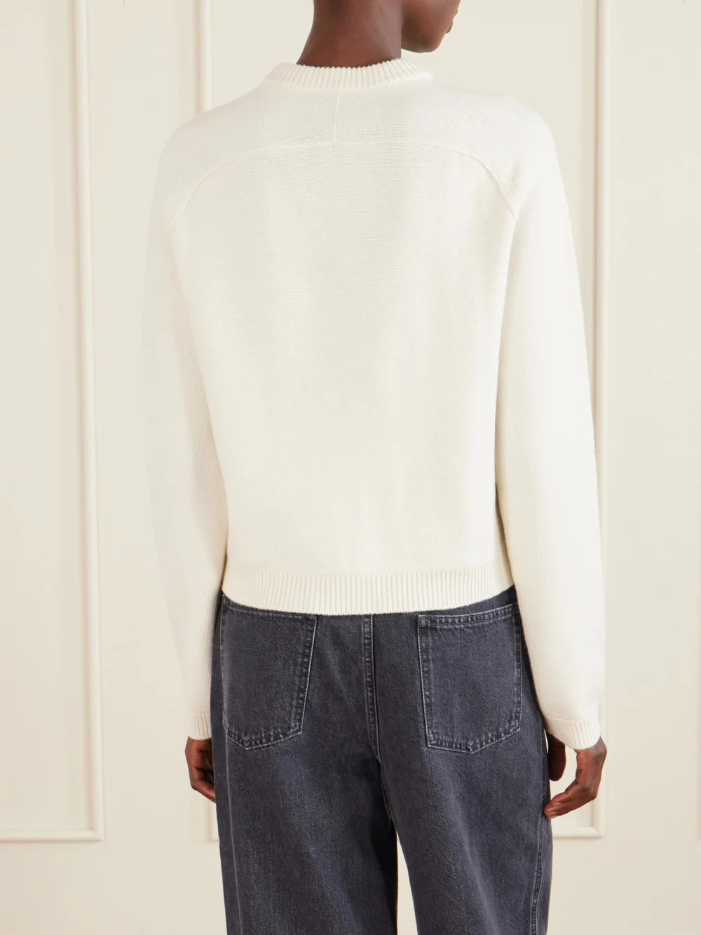 Back view of the Gucci Horsebit-embellished Leather-trimmed Wool and Cashmere-blend Cardigan