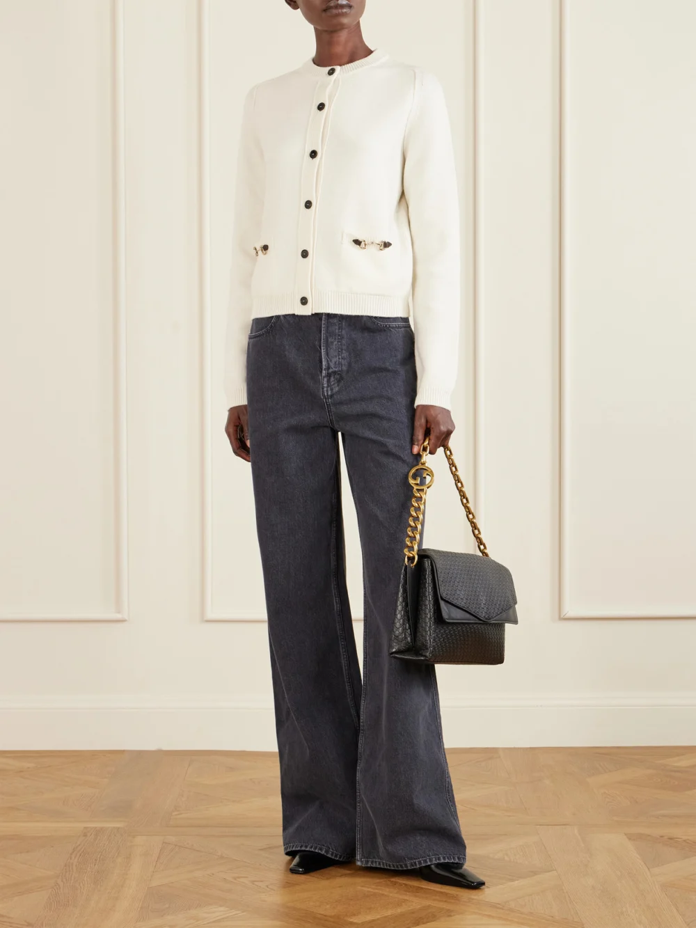 Gucci Horsebit-embellished Leather-trimmed Wool and Cashmere-blend Cardigan, worn by a model