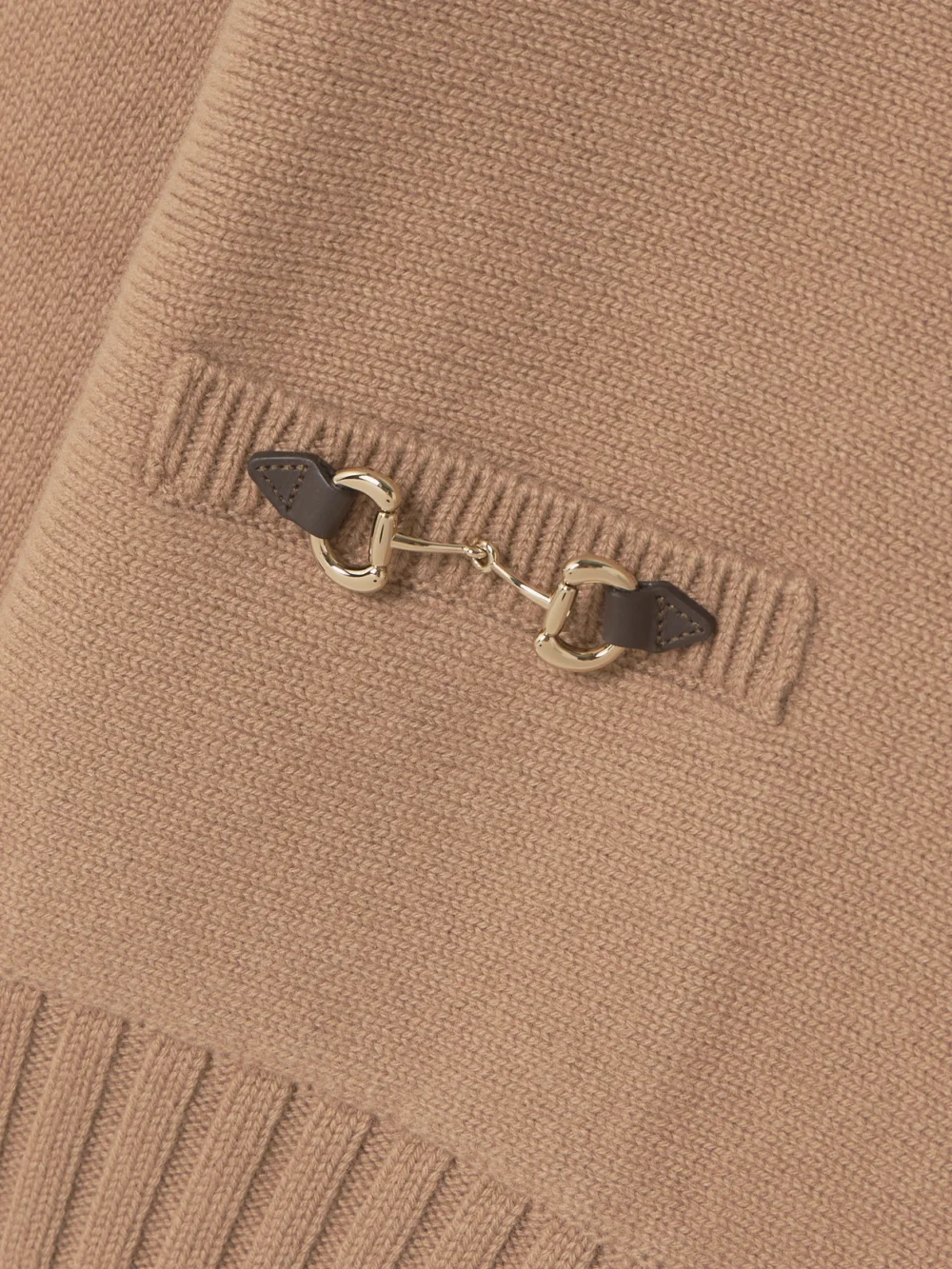 Close-up detail of the Gucci Horsebit-embellished Leather-trimmed Wool and Cashmere-blend Sweater