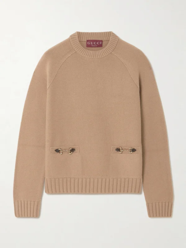 Gucci Horsebit-embellished Leather-trimmed Wool and Cashmere-blend Sweater