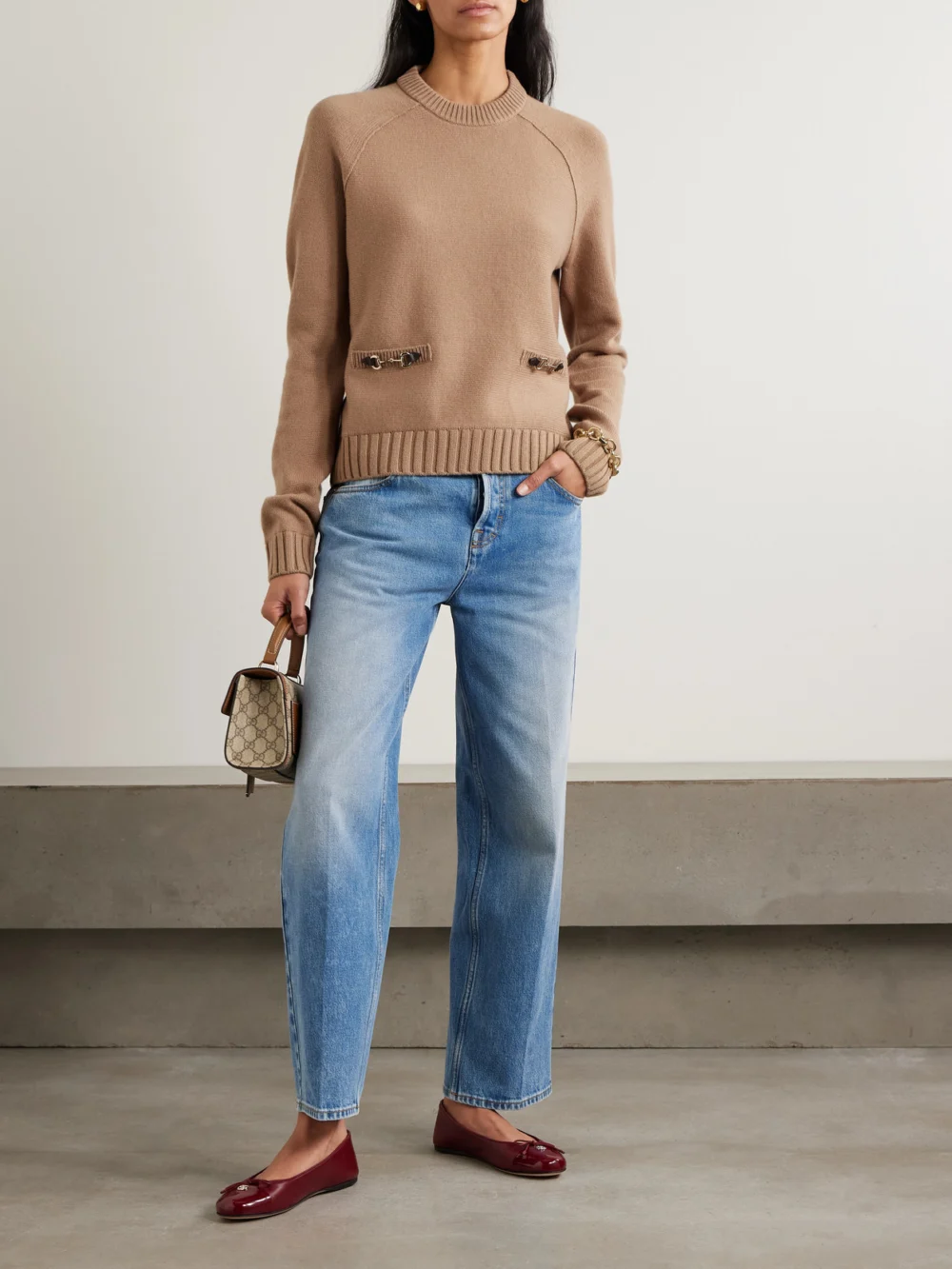 Gucci Horsebit-embellished Leather-trimmed Wool and Cashmere-blend Sweater, worn by a model