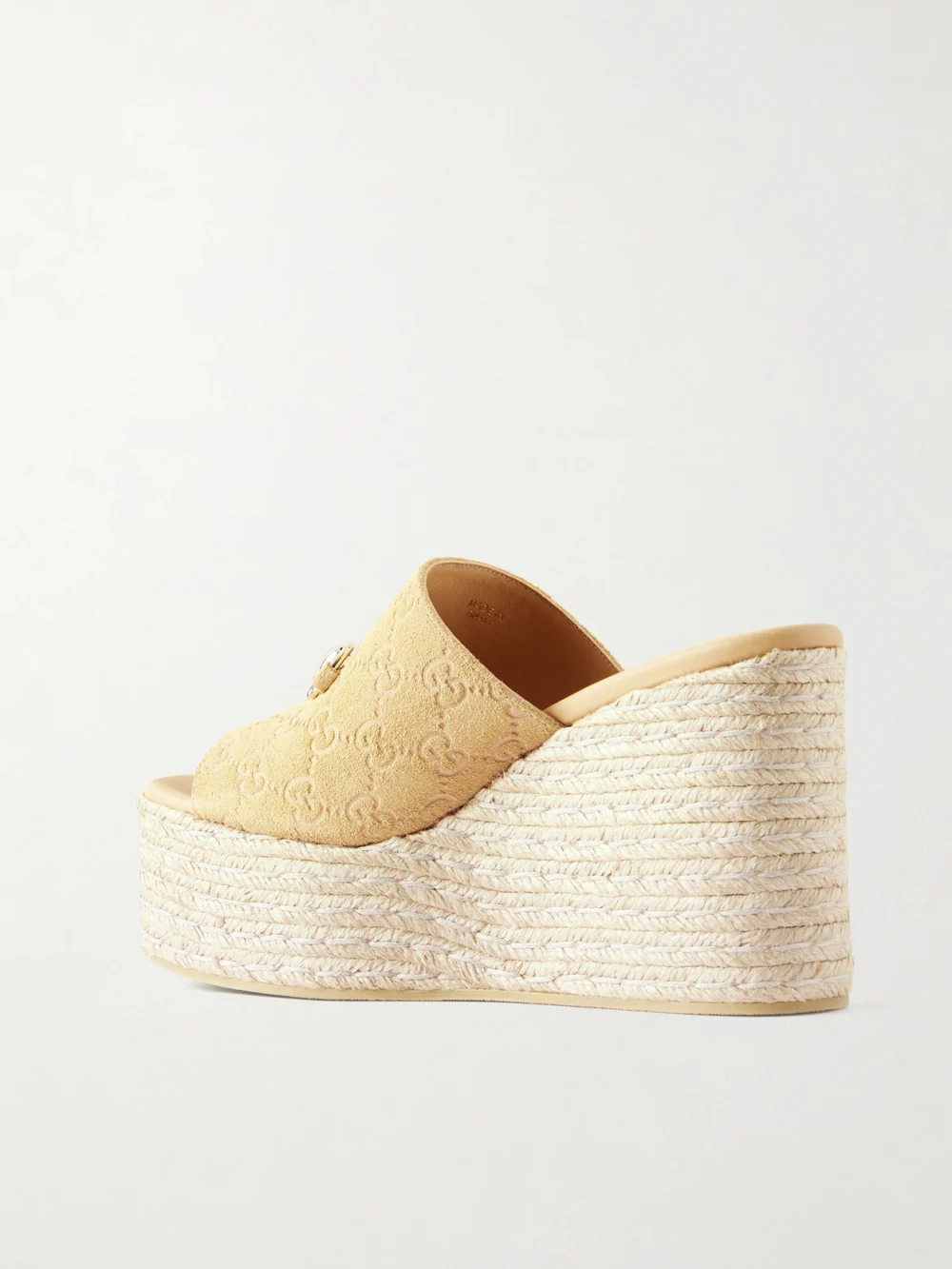 Back view of the Gucci Horsebit-embellished Logo-debossed Suede Espadrilles Wedges Mules