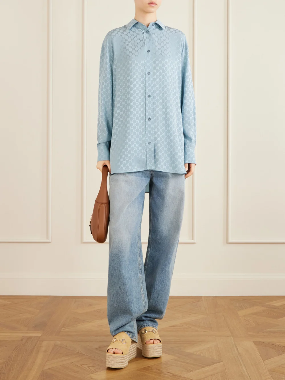 Gucci Horsebit-embellished Logo-debossed Suede Espadrilles Wedges Mules, styled view