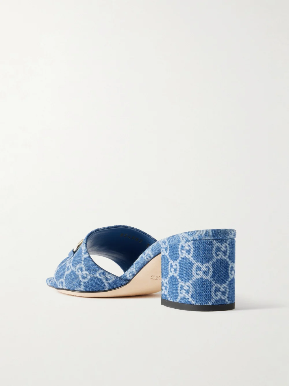 Back view of the Gucci Horsebit-embellished Logo-print Denim Mules