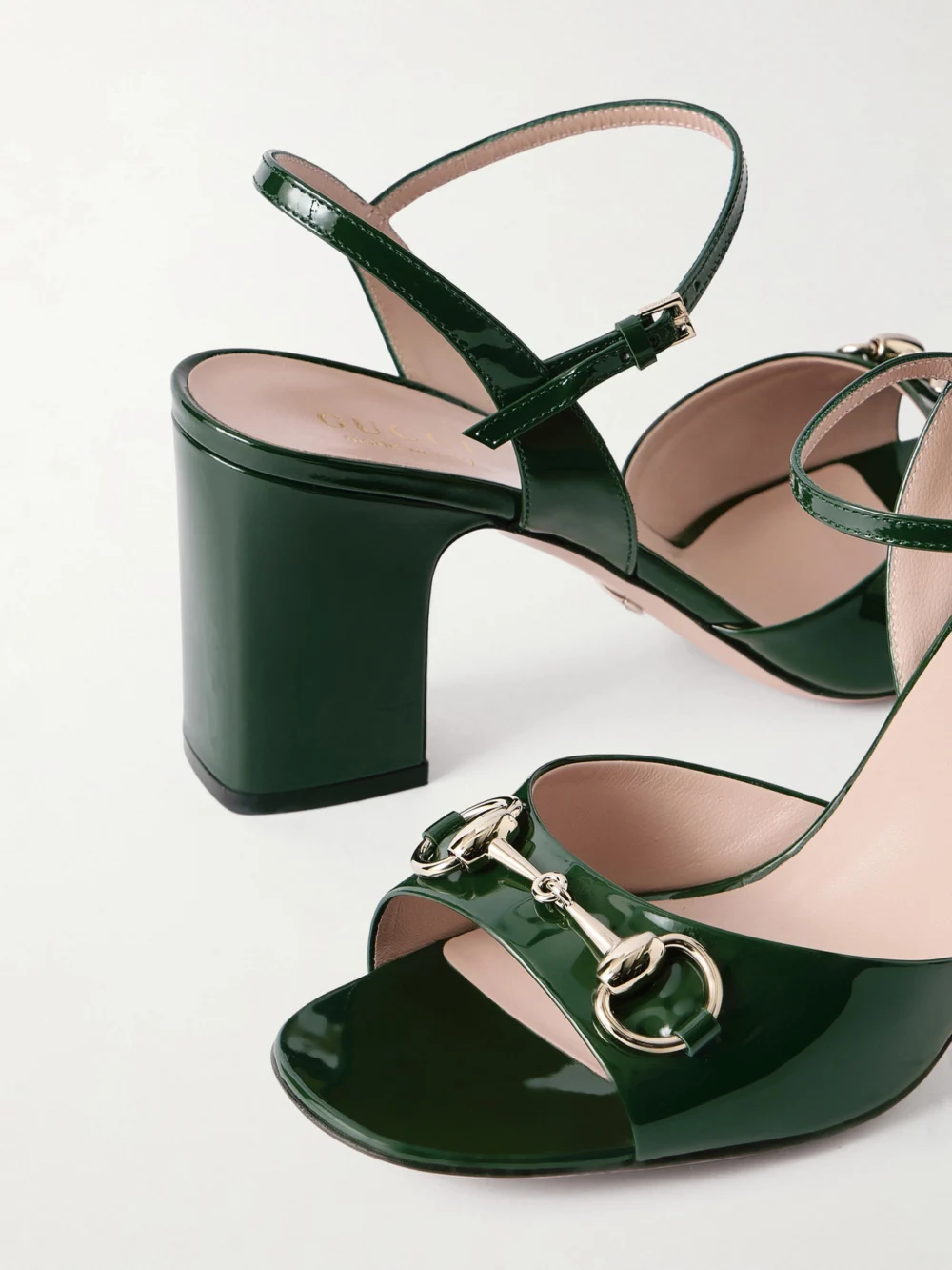 Close-up detail of the Gucci Horsebit-embellished Patent-leather Sandals