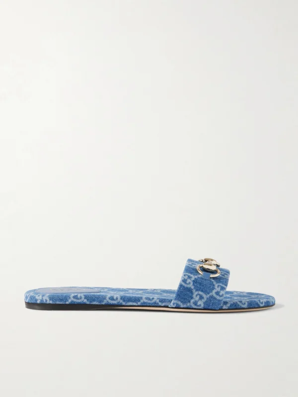 Gucci Horsebit-embellished Printed Denim Slides