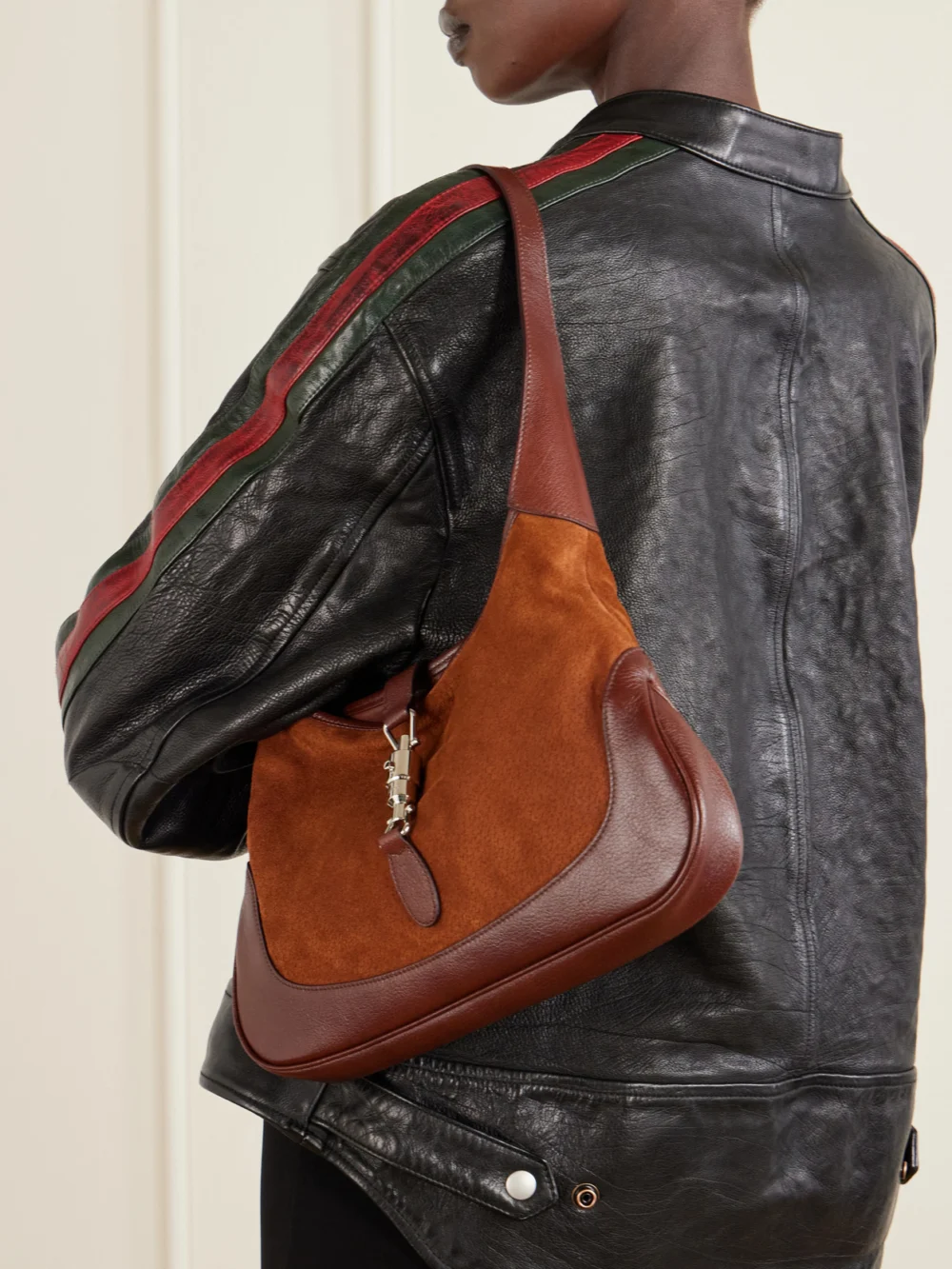 Gucci Jackie 1961 Leather-trimmed Suede Shoulder Bag, styled view
