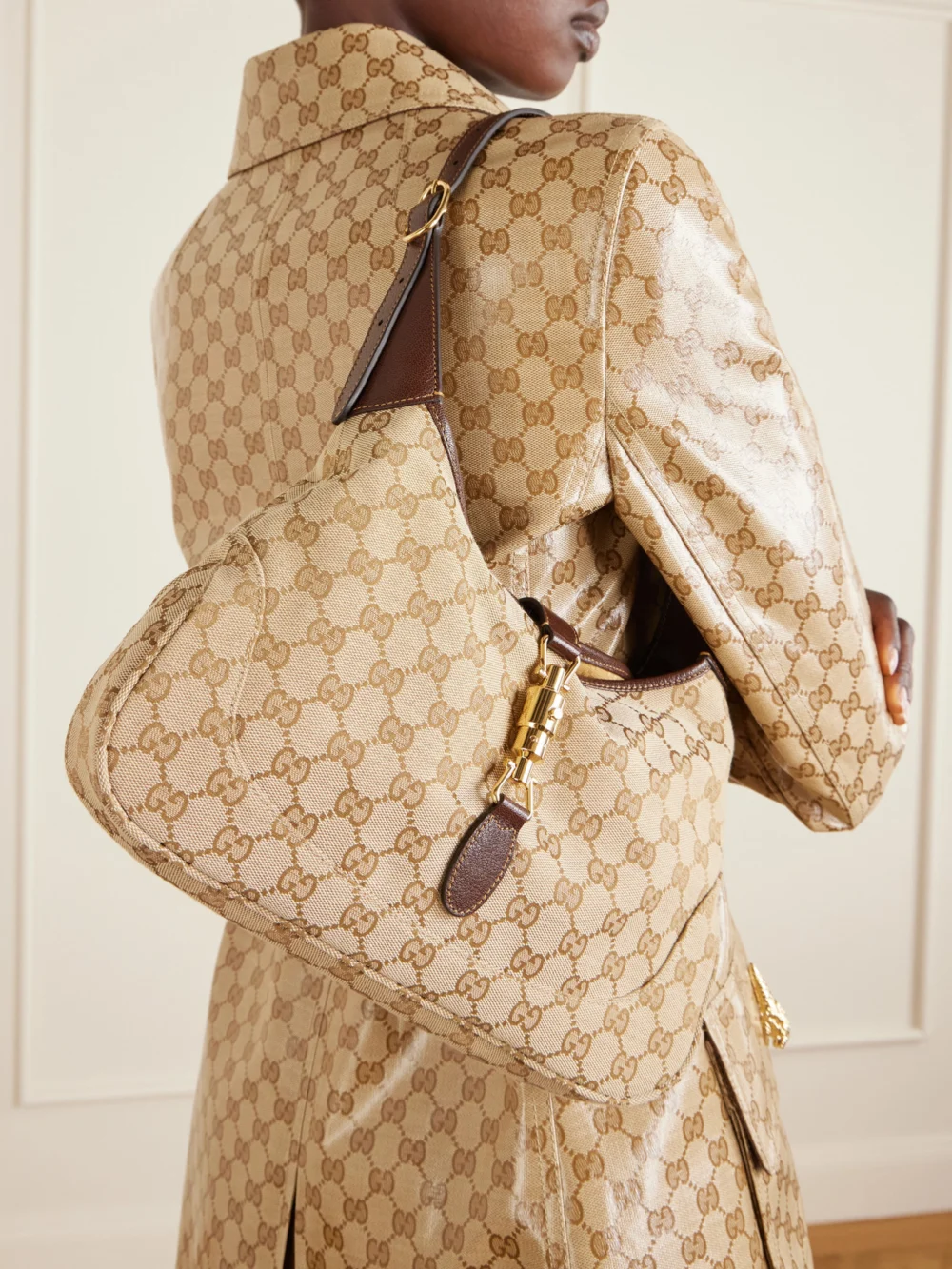 Gucci Jackie 1961 Medium Leather-trimmed Canvas-jacquard Shoulder Bag, styled view