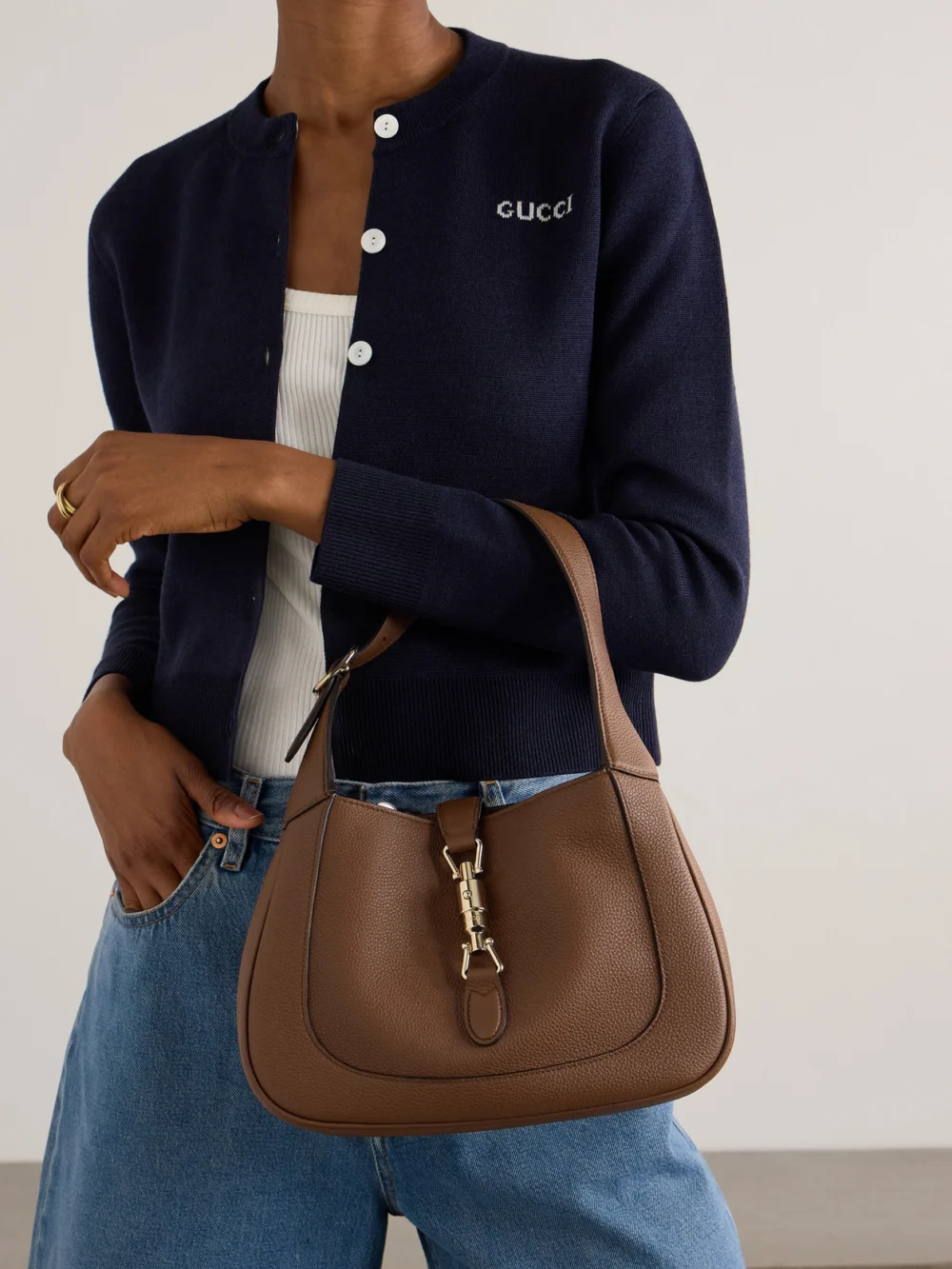Gucci Jackie 1961 Small Textured-leather Shoulder Bag, styled view