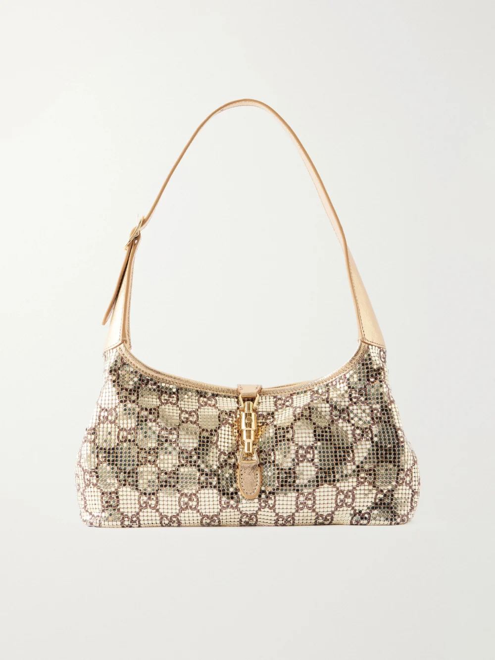 Gucci Jackie Slim Gg Supreme-print Metallic Leather-trimmed Chainmail Shoulder Bag in gold