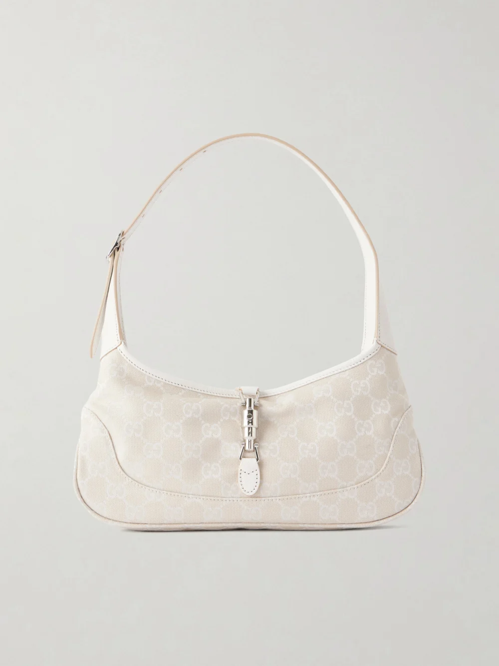 Gucci Jackie Slim Logo-jacquard Leather-trimmed Canvas Shoulder Bag in white