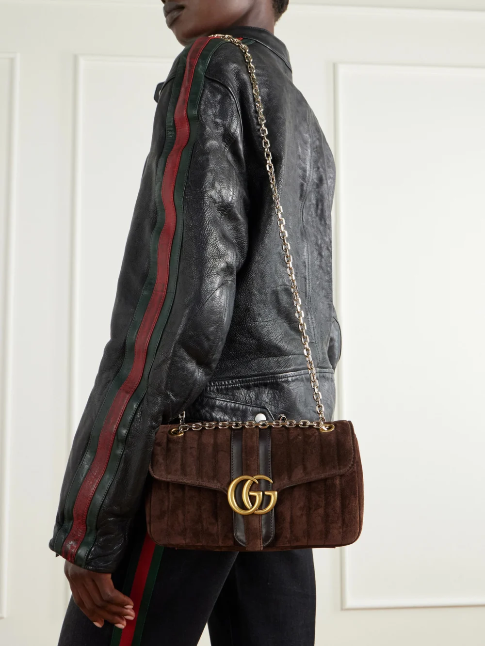 Gucci Jetset Gg Marmont Suede Shoulder Bag, styled view
