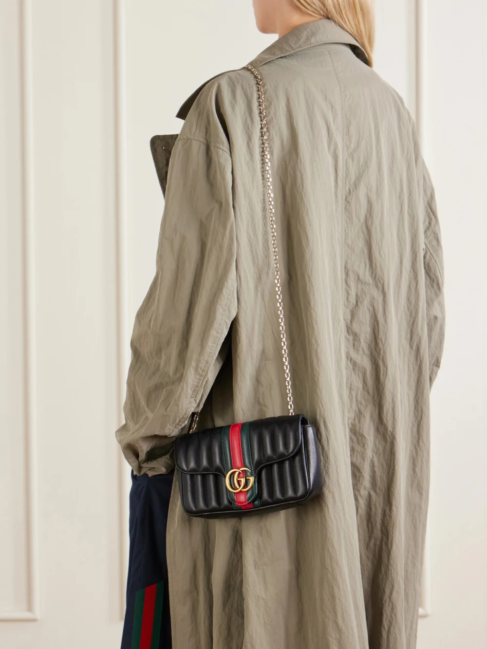 Gucci Jetset Gg Marmont Web-trimmed Quilted Leather Crossbody Bag, styled view