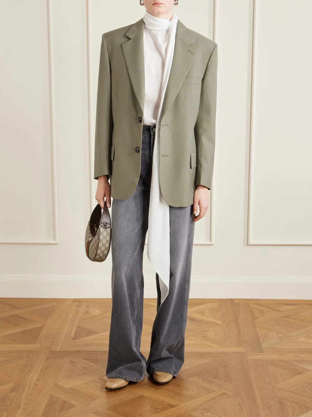 Gucci Jordaan Horsebit-detailed Leather Loafers, styled view