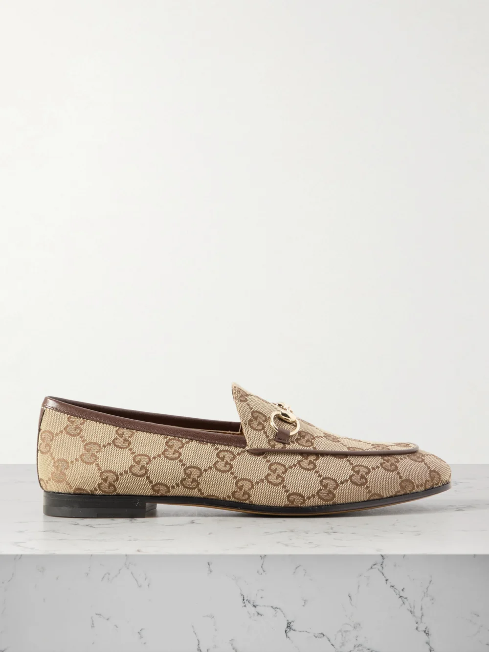 Gucci Jordaan Horsebit-detailed Leather-trimmed Canvas-jacquard Loafers in beige