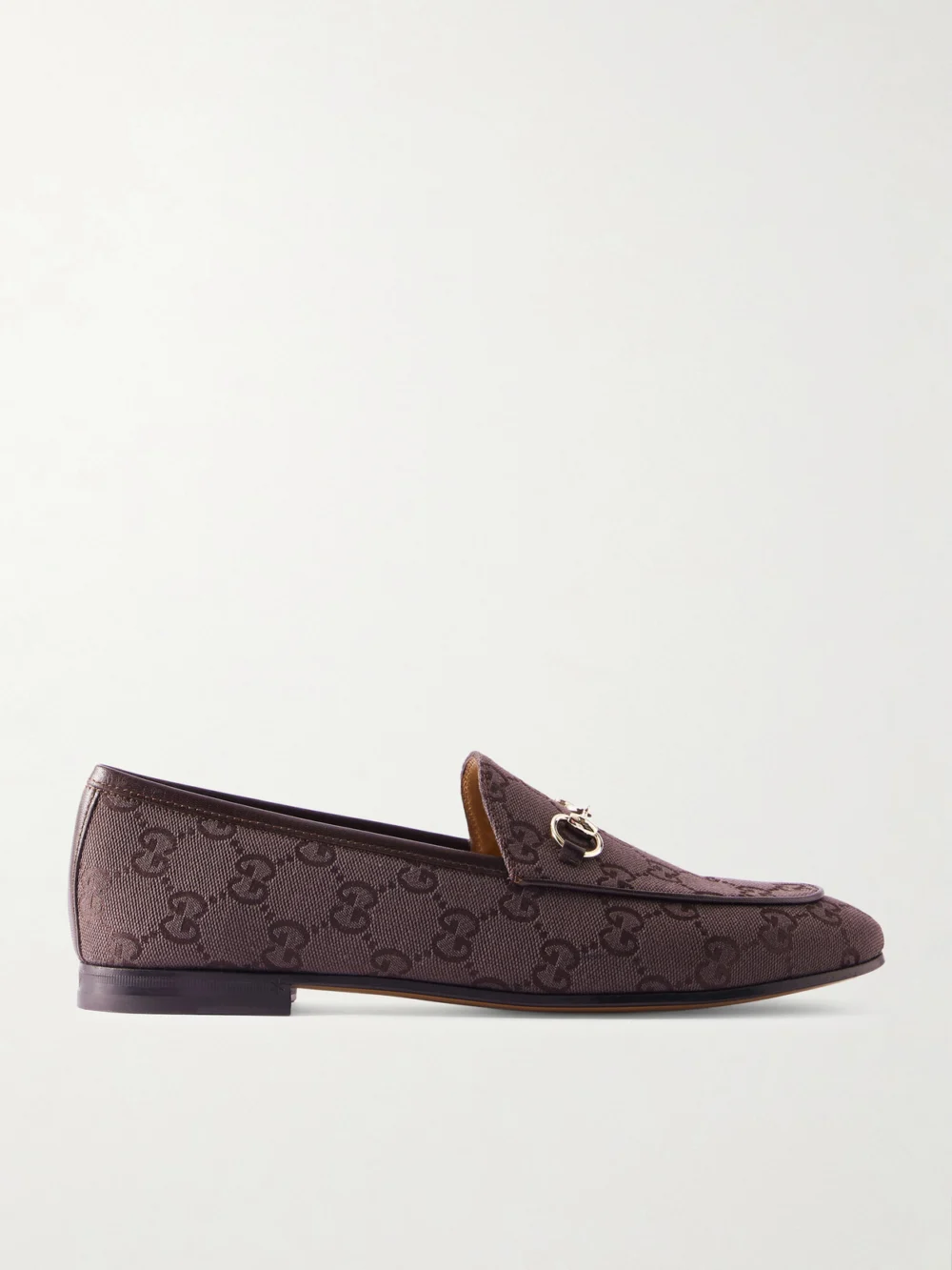 Gucci Jordaan Horsebit-detailed Leather-trimmed Canvas-jacquard Loafers in chocolate