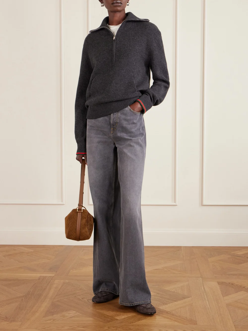 Gucci Jordaan Horsebit-detailed Leather-trimmed Canvas-jacquard Loafers, styled view