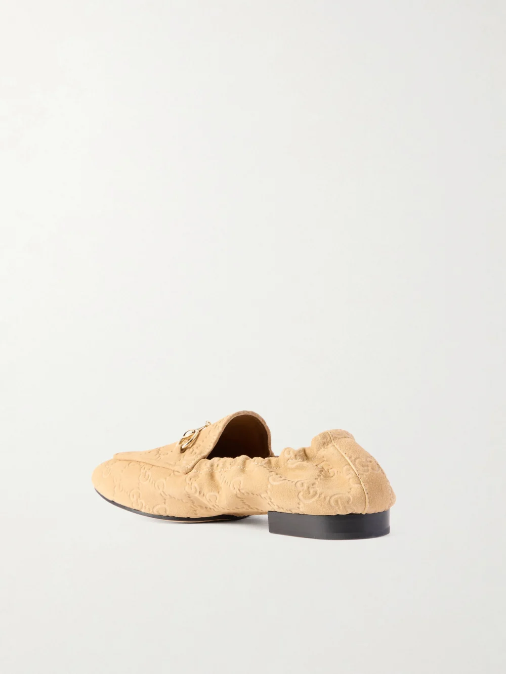 Back view of the Gucci Jordaan Horsebit-embellished Logo-debossed Suede Loafers