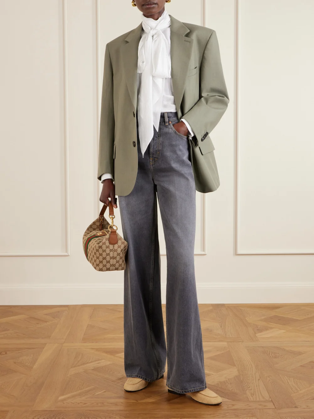 Gucci Jordaan Horsebit-embellished Logo-debossed Suede Loafers, styled view