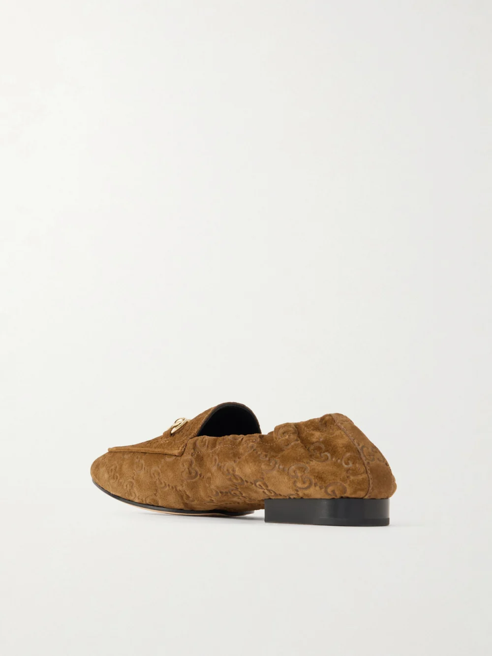 Back view of the Gucci Jordaan Horsebit-embellished Logo-debossed Suede Loafers
