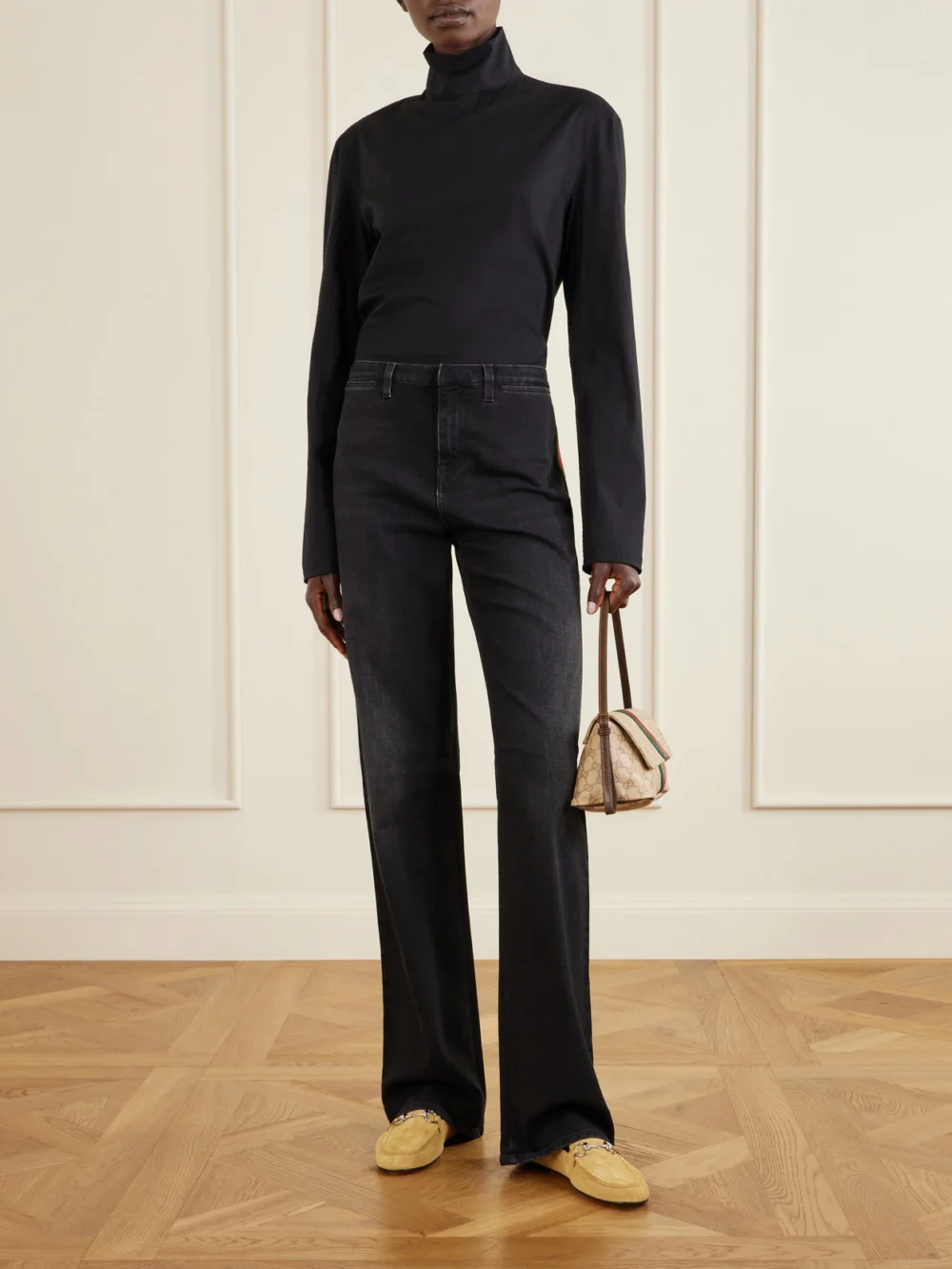 Gucci Jordaan Horsebit-embellished Suede Loafers, styled view